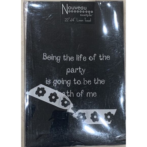 Mud Pie Hand Towel Linen Embroidered Black White 22x 14 Life of the Party - Picture 2 of 8